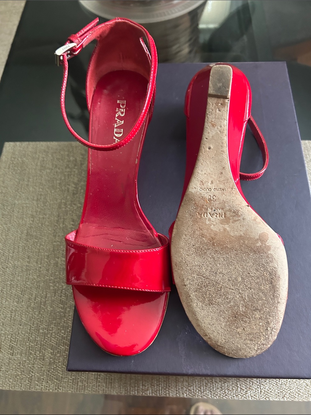 Prada Red Patent Leather Ankle-Strap Heels - Picture 2 of 4